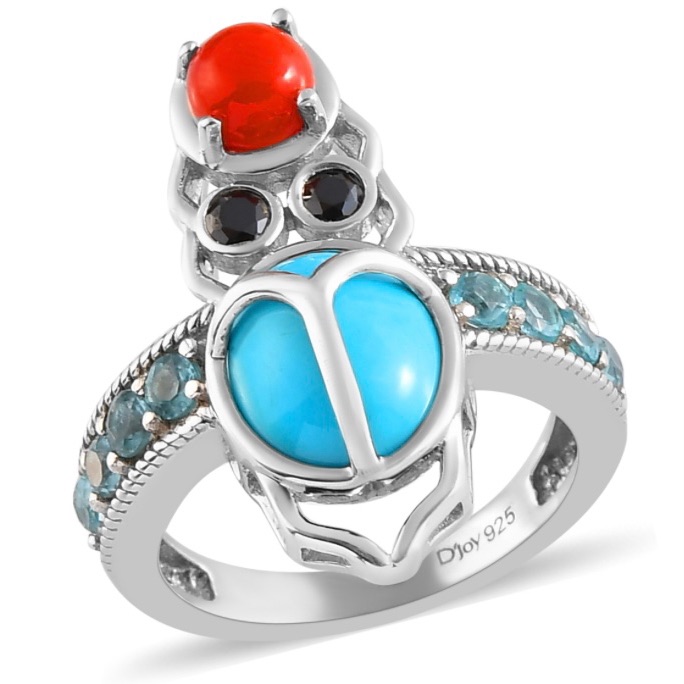 Nwt Sleeping Beauty Turquoise Owl Ring W/Coral,Spinel & Apatite In .925 Unique!